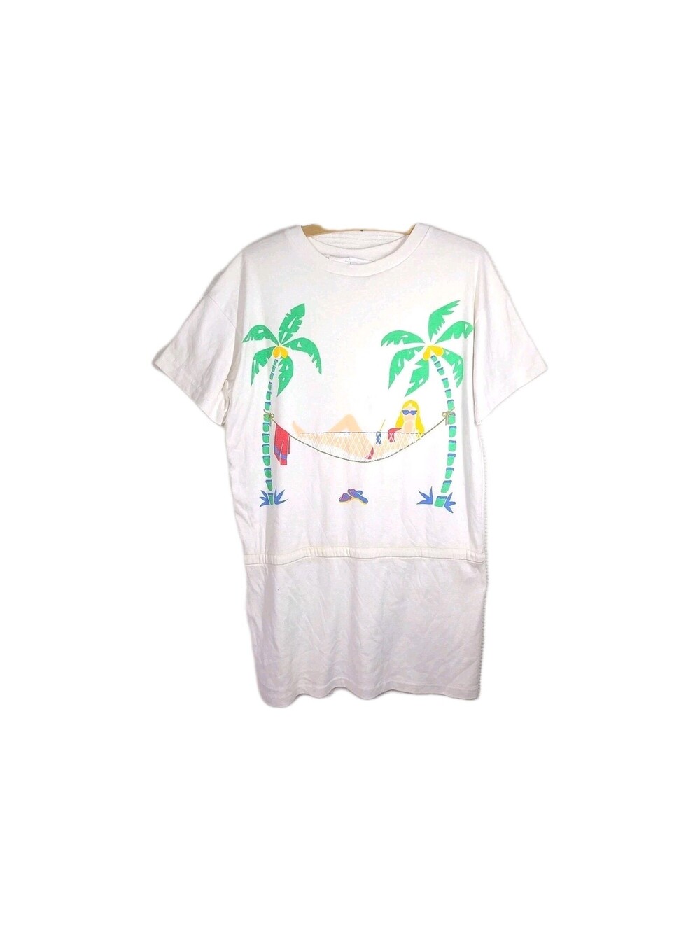 Vtg Tshirt Beach Mini Dress 80s Print Puffy Paint Summer Retro 100% Cotton Knit